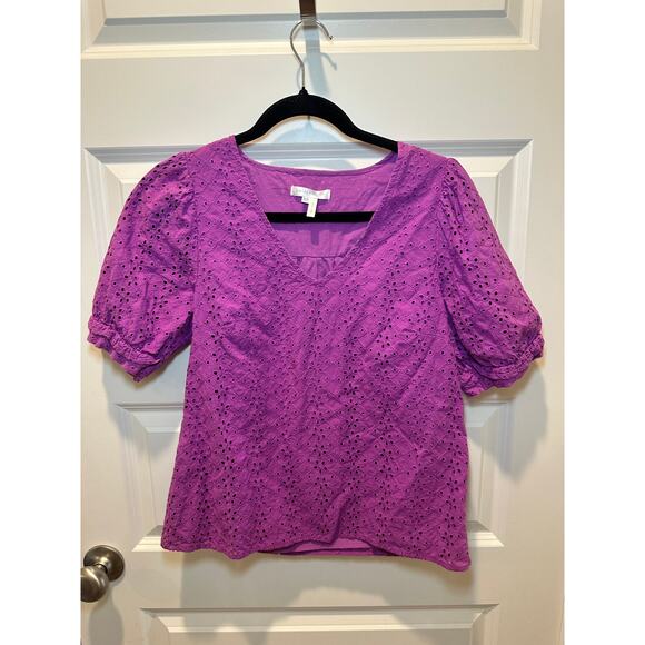 Draper James Cottagecore Eyelet Blouse XS Lavender Puff Sleeve Top Romantic - Picture 2 of 10